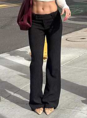 美式街头条纹拼色低腰微喇休闲裤女辣妹气质外贸显瘦西装长裤