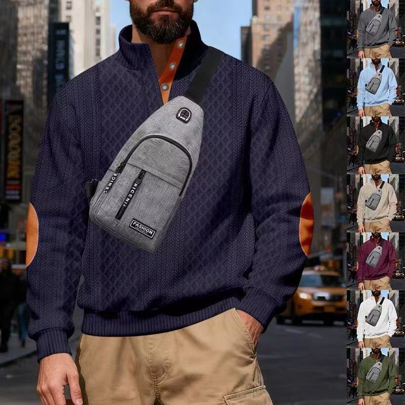 美式新款男装立领提花宽松外套男时尚休闲运动纯色卫衣男