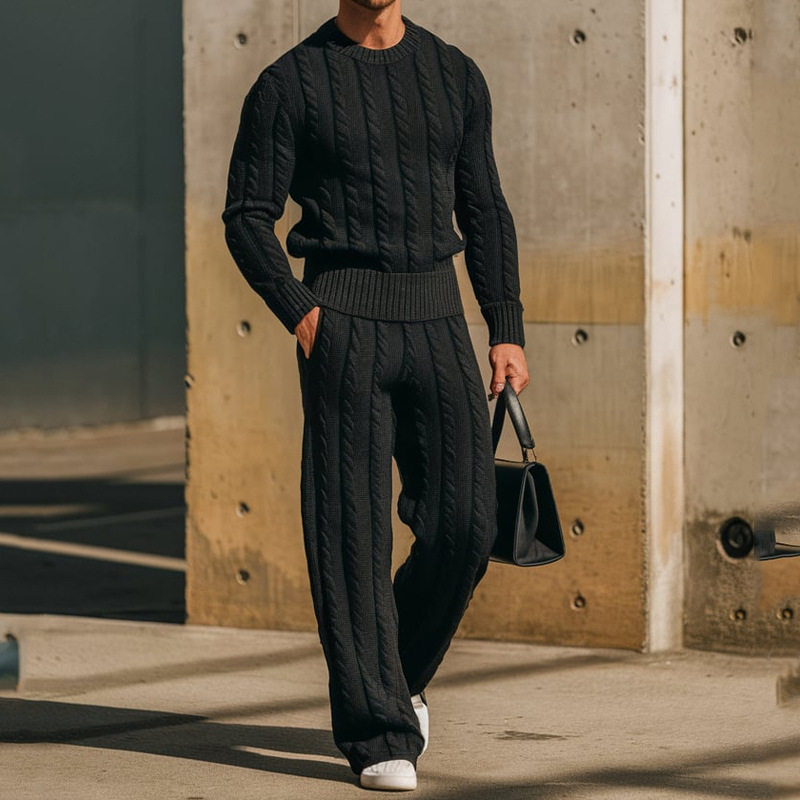 欧美男士春秋新款圆领针织衫麻花长袖毛衣长裤保暖毛衣套装