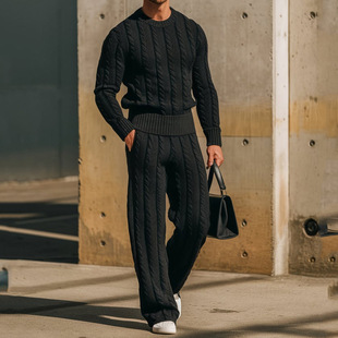 欧美男士春秋新款圆领针织衫麻花长袖毛衣长裤保暖毛衣套装
