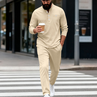 美式硬汉春秋款新品男士宽松复古简约通勤休闲亨利衫套装长袖