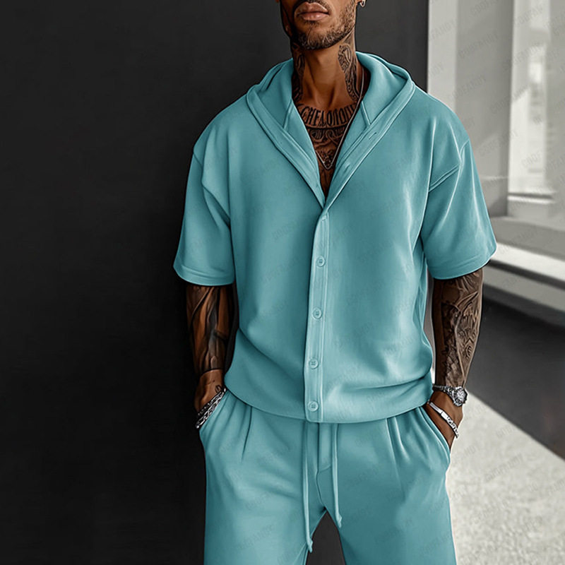 欧美新款男士休闲运动套装春夏季连帽设计衬衫短裤两件套