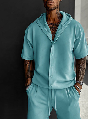 欧美新款男士休闲运动套装春夏季连帽设计衬衫短裤两件套