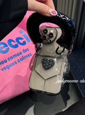 ins灰黑色立体小熊手提适用14pro苹果12手机壳iPhone11新款xsmax