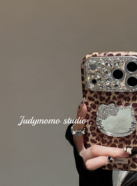 ins小众高级感豹纹闪钻小羊皮适用17pro手机壳iPhone16新款KT镜面15promax全包14/17硅胶