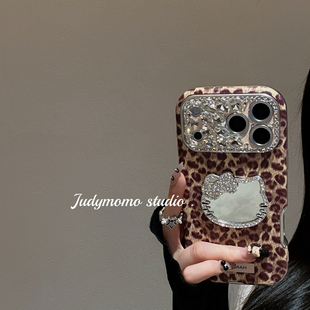 ins小众高级感豹纹闪钻小羊皮适用17pro手机壳iPhone16新款KT镜面15promax全包14/17硅胶