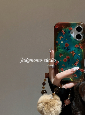 ins法式少女仙境绿色碎花软壳适用iPhone16pro苹果15promax手机壳新款14毛球挂链13