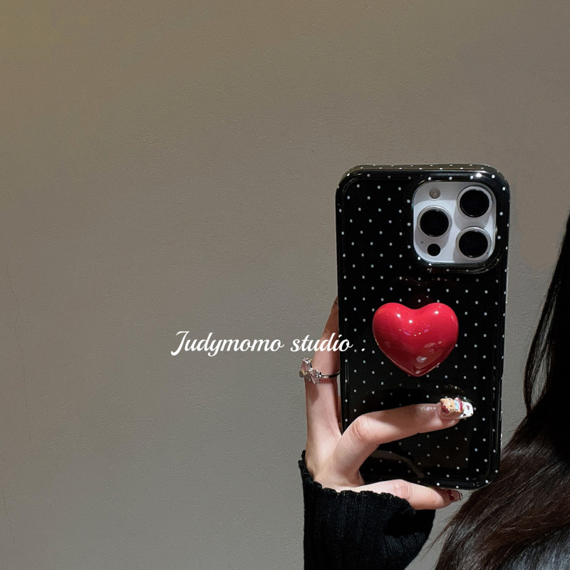 韩女孩~黑色波点立体爱心手机壳适用16promax苹果新款iPhone15pro防摔壳14小众13少女软壳,3C数码配件,手机保护套/壳,淘宝优惠券,粉丝福利购,淘宝优惠卷
