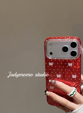 ins气质发光蝴蝶闪闪波点红色适用iPhone17/16pro手机壳15promax苹果14防摔套新款17挂链气质女