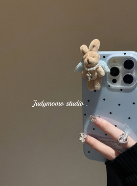 ins风韩系奶油蓝波点可爱立体兔适用iPhone17苹果新款16promax手机壳13硅胶14防摔壳
