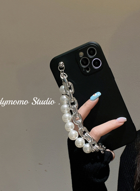 冷淡风黑色珍珠链条适用iPhone17手机壳16promax苹果15新款17pro软