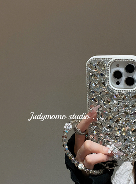 高冷少女~ins轻奢高级感手工贴钻白色壳适用16promax苹果iPhone15pro挂链14/13气质