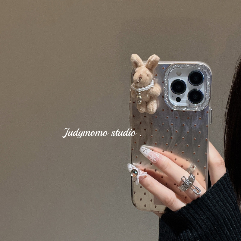 ins治愈奶兔亮闪闪少女波点棕适用iPhone15苹果新款16promax手机壳17防摔14软壳