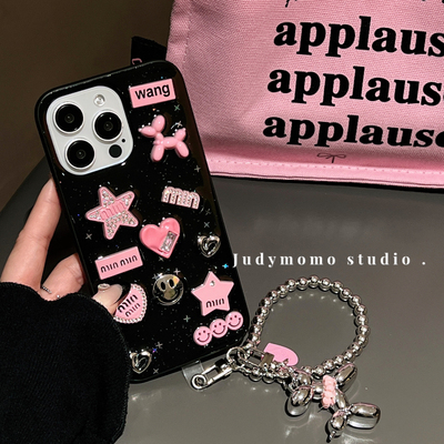 苹果15手机壳少女粉贴饰滴胶链条