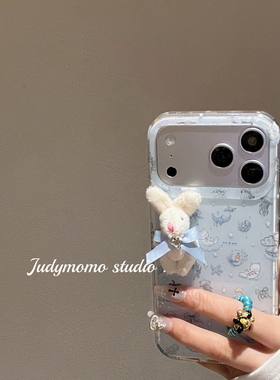 韩系ins海洋与猫咪蓝色兔子可爱适用iPhone17pro手机壳新款16promax苹果15防摔全包图案14少女软壳