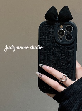 ins高级感黑色小香蝴蝶结适用iPhone16苹果13手机壳17promax/15女