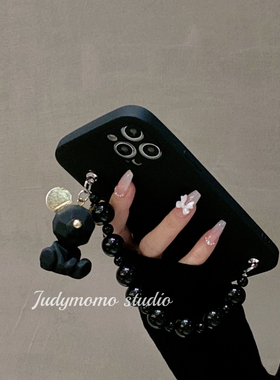 黑色潮牌熊挂件链条适用12promax手机壳iphone苹果13/11硅胶xr/8p