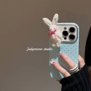ins薄荷清新绿波点立体兔适用17promax苹果新款iPhone14手机壳13全包15防摔女