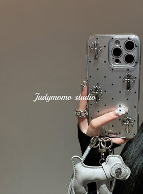 ins冷淡高级感波点十字架灰色挂件适用iPhone16promax手机壳15新款苹果17pro波点全包14少女13手提绳