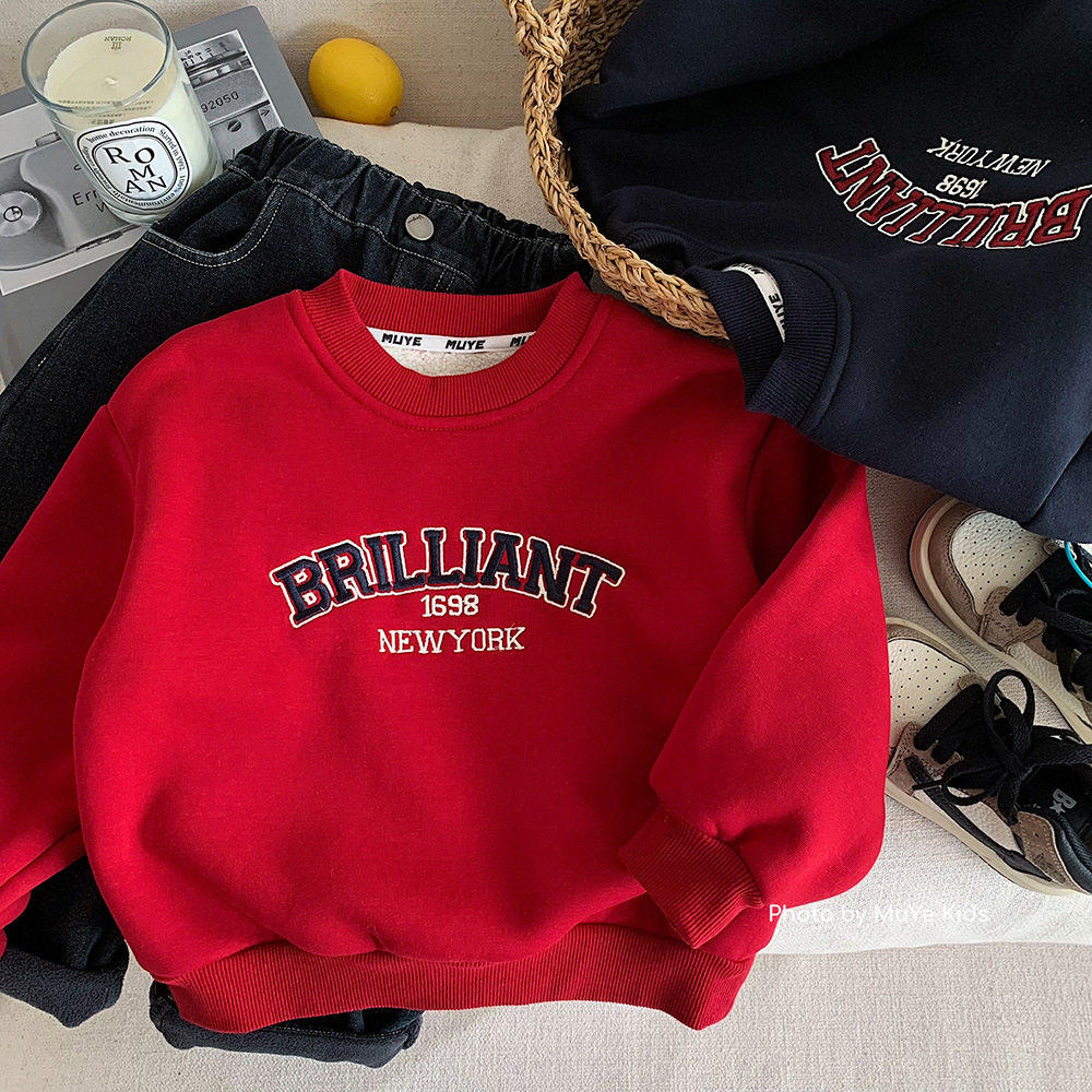 2025儿童加绒红卫衣男女童韩版字母加厚套头衫宝宝小童保暖新年服