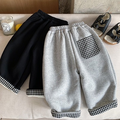 儿童加绒裤子卷边儿童直筒休闲裤