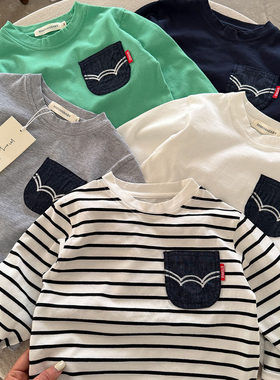 2026春季儿童条纹T恤男韩版潮小童口袋上衣宝宝纯棉打底衫女洋气