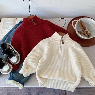 秋冬款男童毛衣半高领套头女童拉链线衣立领加绒加厚宝宝针织衫潮