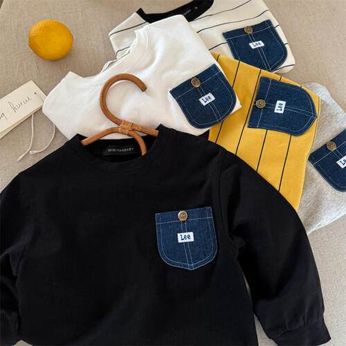 2025春秋儿童长袖T恤男女童牛仔口袋上衣宝宝洋气潮牌条纹打底衫