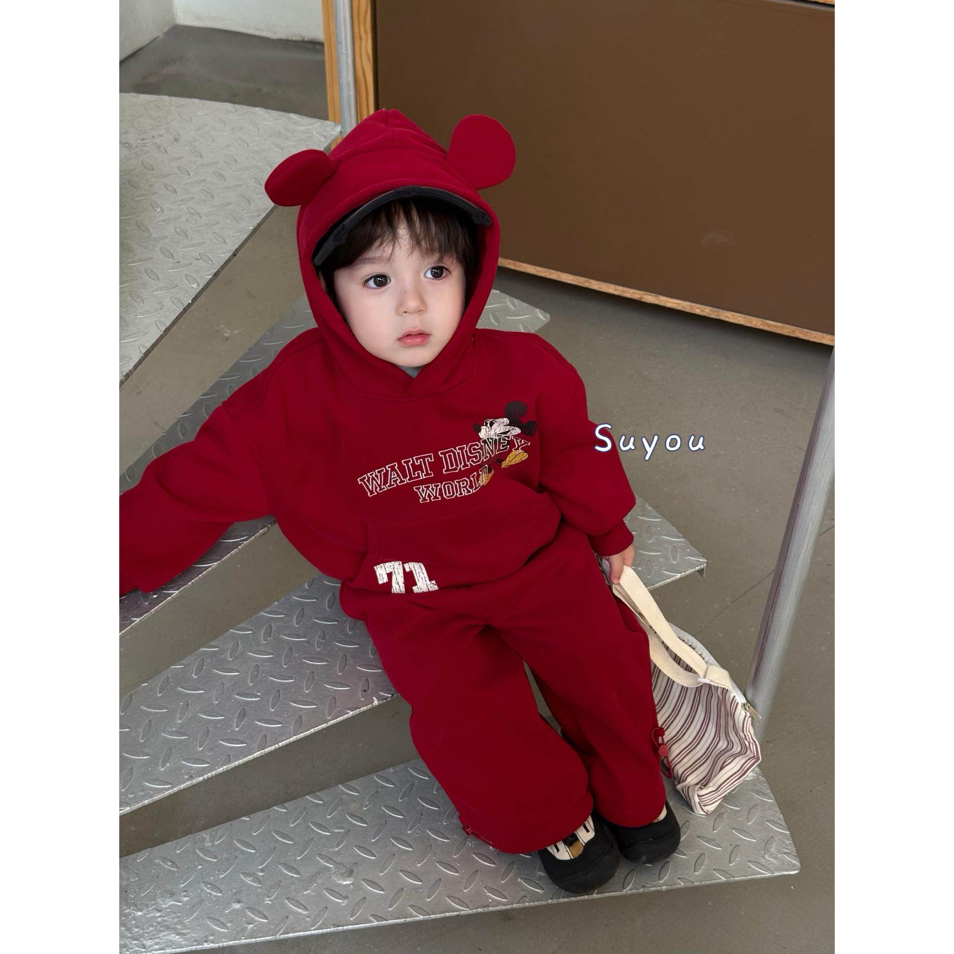 2025秋冬新款儿童加绒套装男女童韩版小童韩版米奇连帽卫衣卫裤