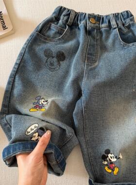 2026春秋儿童牛仔裤卡通风米奇刺绣长裤宝宝中小童韩版直筒松紧腰