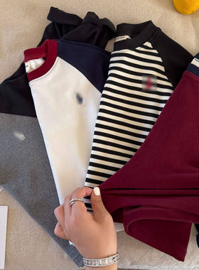 2025秋冬儿童德绒打底衫男童插肩撞色内搭T宝宝圆领加厚保暖T长袖