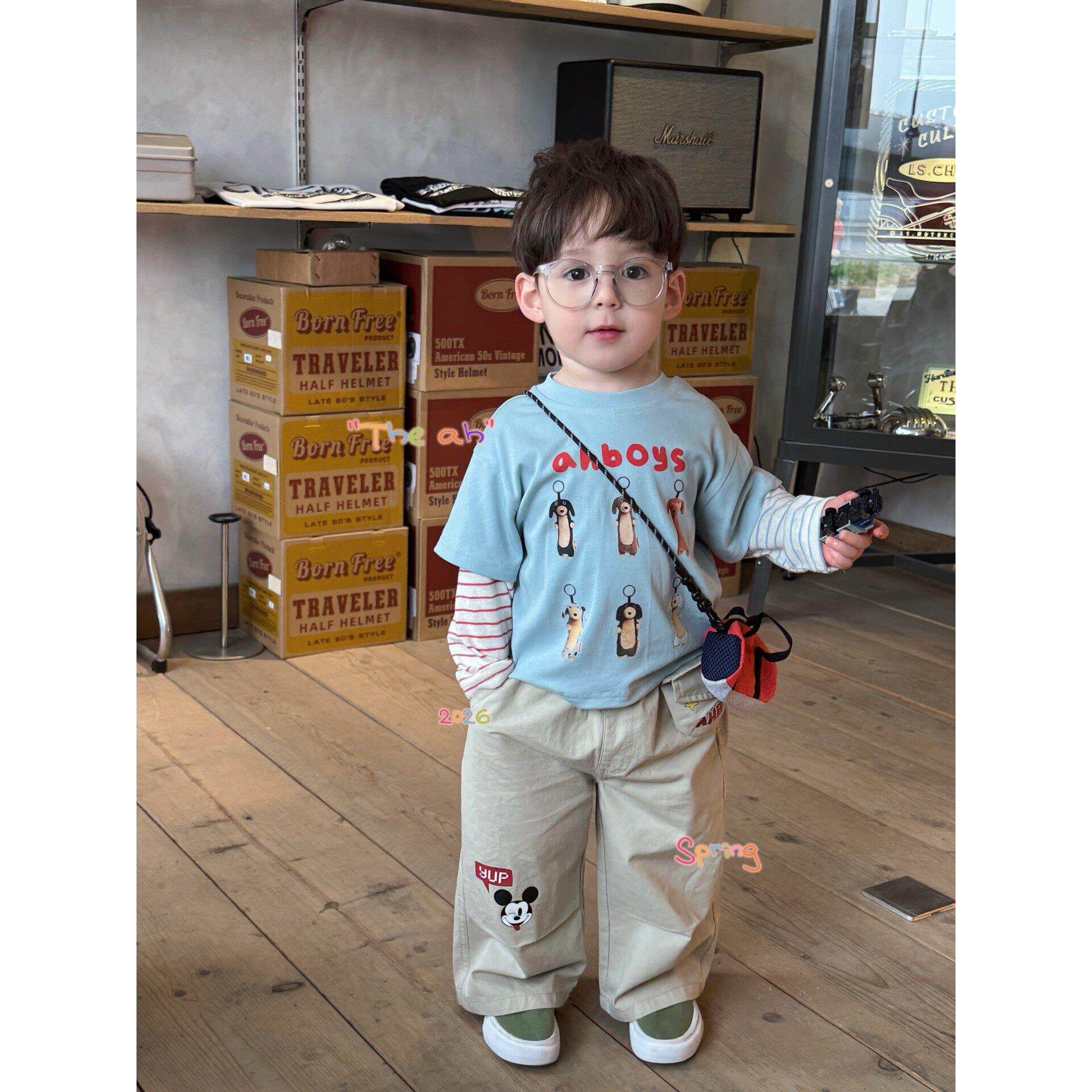 2026春季新款儿童假两件T恤男童小童韩版卡通小狗米奇刺绣休闲裤