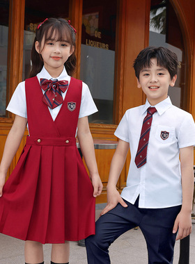 学院风小学生校服红色背带裙女儿童合唱朗诵演出白衬衫毕业照套装
