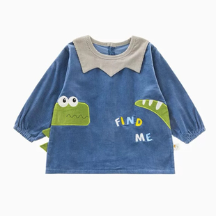 男孩秋冬涤灯芯绒恐龙儿童罩衣防水吃饭衣围兜羽绒服防脏外罩