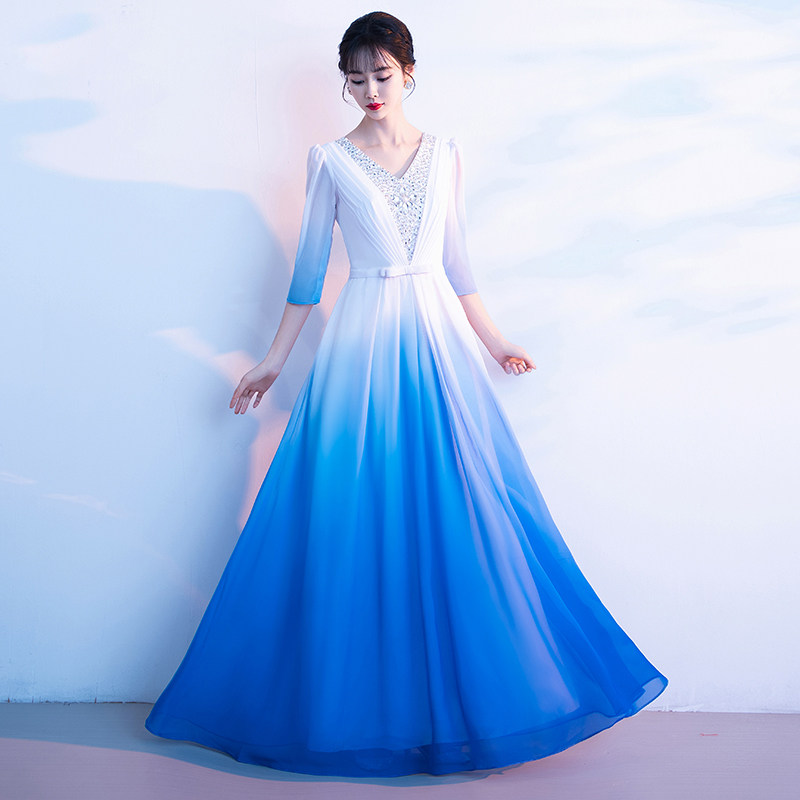 大合唱演出服女长裙主持人礼服端庄大气大码定做胖mm演讲朗诵2551图片