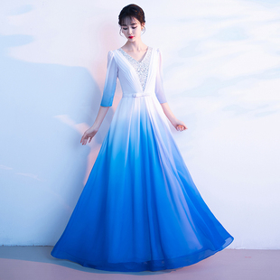 大合唱演出服女长裙主持人礼服端庄大气大码定做胖mm演讲朗诵2551