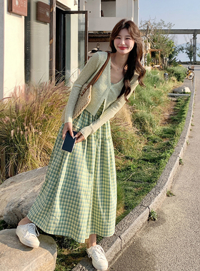 现货主推！度假风吊带连衣裙女甜美格子裙长裙两件套5038P135K198