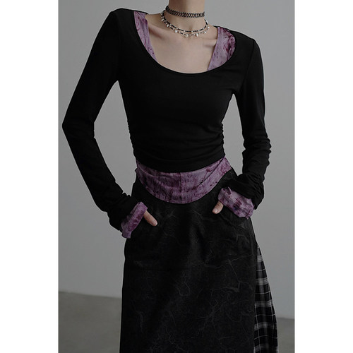 三明治长袖拼接针织打底