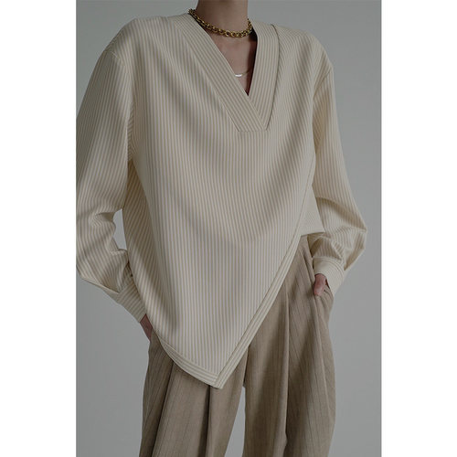 陈太太条纹交叉长袖衬衫