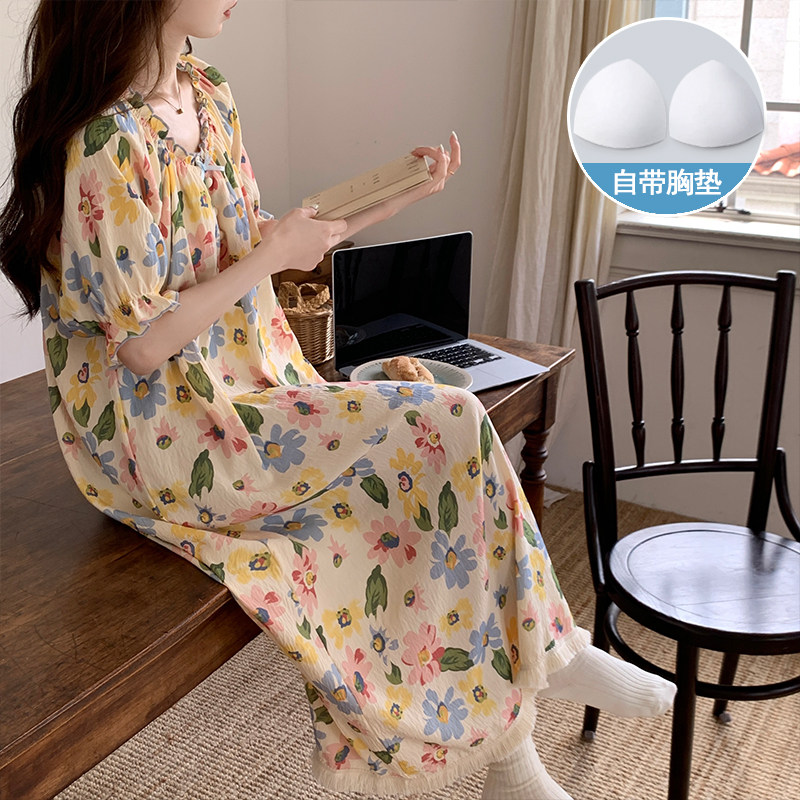 睡裙带胸垫夏季女款碎花孕妇可爱短袖2026新款夏款女士睡衣家居服