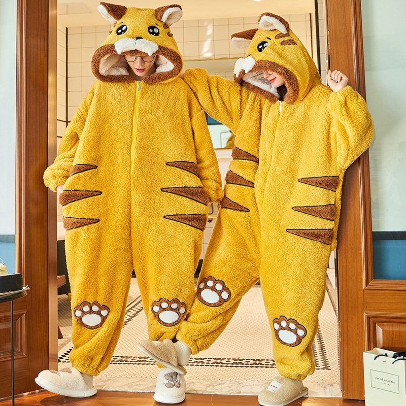 秋冬季情侣睡衣女连体珊瑚绒大码加绒加厚青少年法兰绒男士家居服