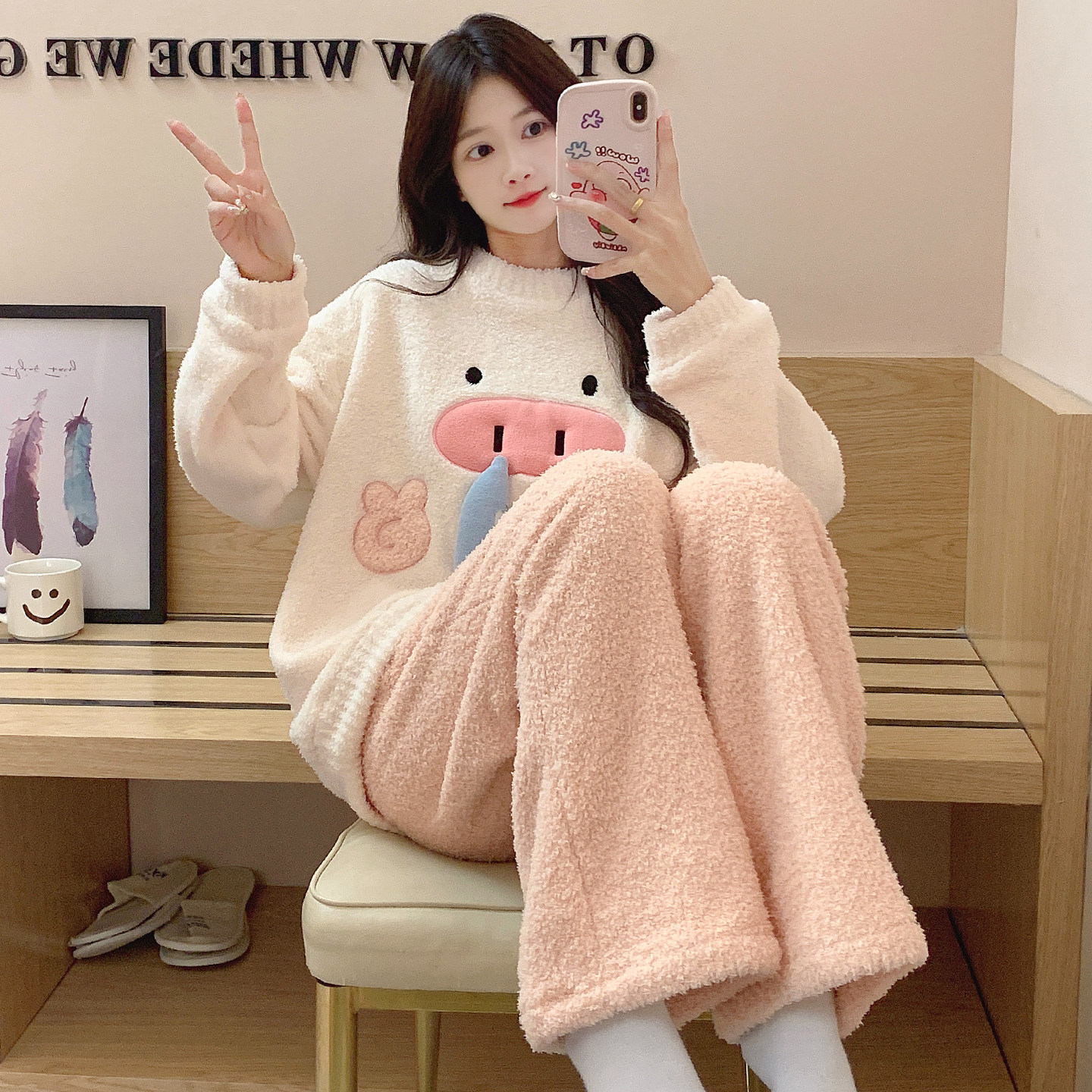 珊瑚绒睡衣女款秋冬季加绒加厚可爱小猪保暖半边绒长袖居家服套装