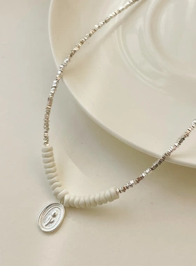 QYY实拍S925银椭圆郁金香氧化石项链手工设计感不规则碎银锁骨链