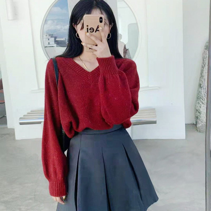慵懒风宽松v领毛衣女套头秋冬外穿韩版短款百搭亮丝长袖针织上衣