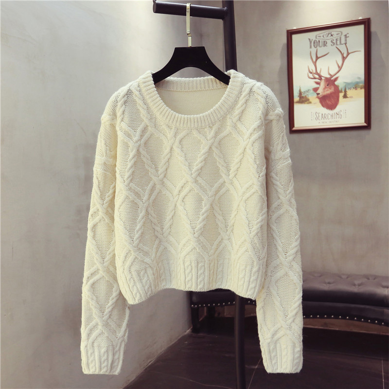秋冬装慵懒风宽松麻花毛衣女套头短款学生圆领复古菱格针织毛线衣