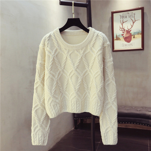 秋冬装 学生圆领复古菱格针织毛线衣 慵懒风宽松麻花毛衣女套头短款