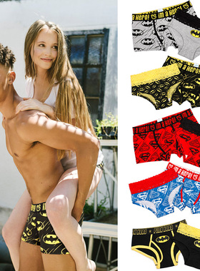 欧美流行潮ins卡通蝙蝠超人印花男女情侣棉平角蕾丝三角内裤