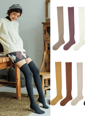 秋冬新款纯色时尚简约百搭复古宽抽条日系基础过膝长筒女士大腿袜