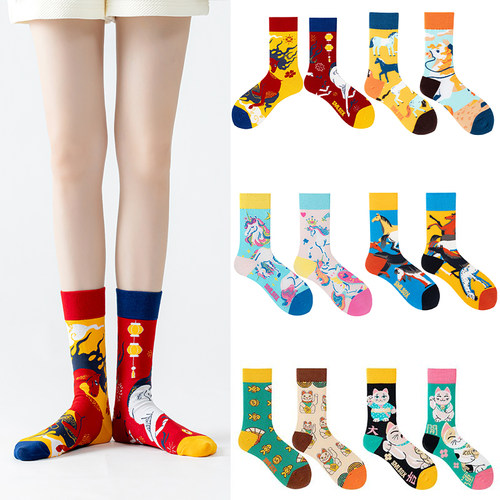 SMLSOX新品春节新马年龙马精神招财猫男女款时尚不对称ab中筒潮袜