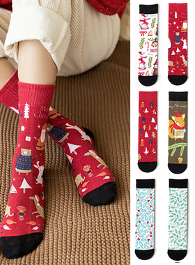 春夏清仓圣诞节礼物红袜树叶时尚个性男女情侣印花直板中长筒棉袜